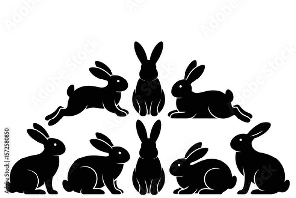Fototapeta Silhouette of playful rabbits in different poses isolated on white background vector art