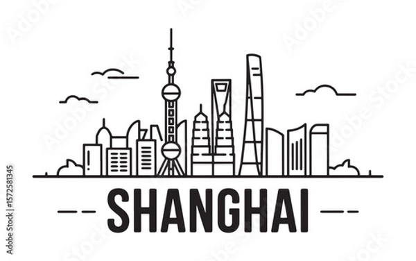 Fototapeta Minimalist Shanghai Skyline Illustration A Modern Black and White Depiction of Urban Architecture and Cityscape with "SHANGHAI" Text
