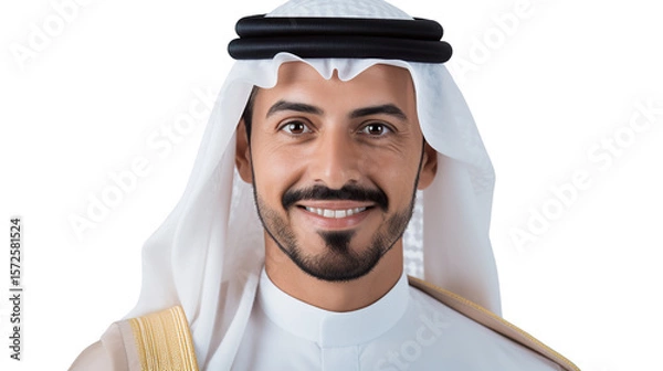 Obraz Portrait of a bearded Arab man wearing traditional clothing smiling at the camera, isolated on a transparent background. PNG