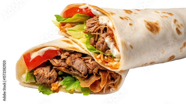 Obraz Spicy Mexican chicken wrap, a healthy tortilla meal with grilled meat and fresh vegetables, perfect for a quick lunch or dinner, isolated on transparent background. PNG