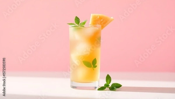 Fototapeta Cantaloupe and mint-infused soda in a highball glass, clean minimalist background with soft pastel hues
