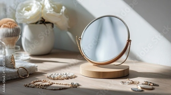 Obraz Elegant vanity scene with mirror, jewelry, and flowers in soft natural light