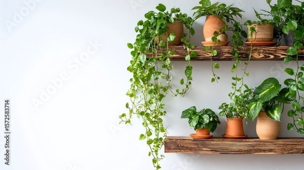 Obraz Indoor plants on wooden shelves against a white wall create a cozy atmosphere