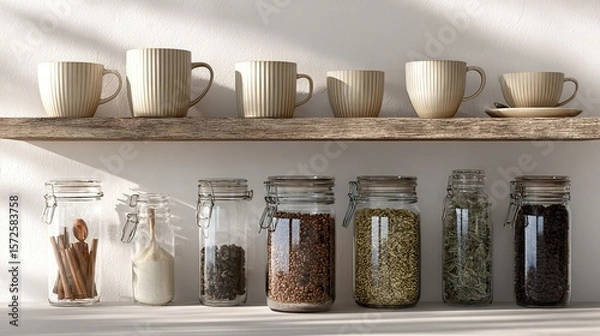 Obraz Kitchen storage organization with spices in glass jars and mugs on a rustic shelf