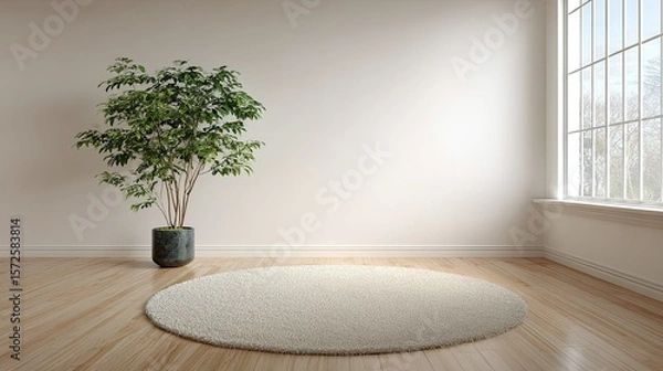 Obraz Minimalist interior design with a potted plant and round rug in a bright room