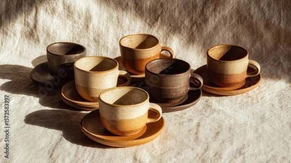 Obraz Artisanal stoneware coffee cups and saucers in natural light, a minimalist aesthetic