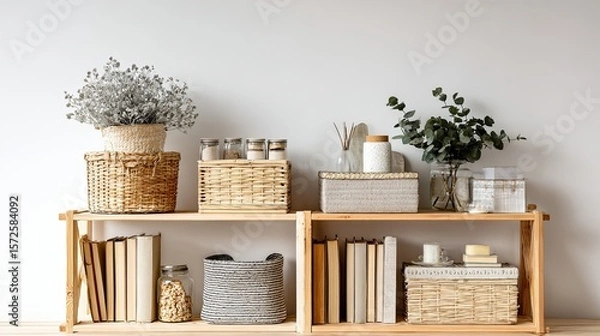 Obraz Cozy home interior design featuring shelves with decorative items against a white wall