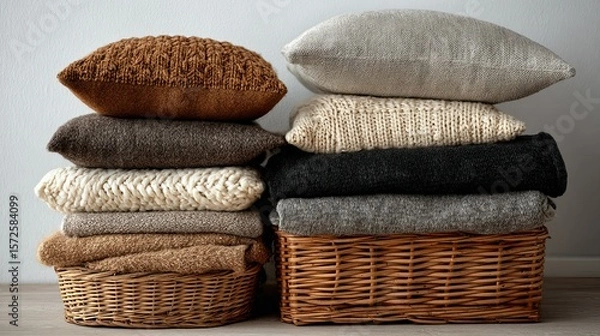 Obraz Cozy Comfort: Stacks of Knitted Blankets and Pillows in Wicker Baskets for Autumn