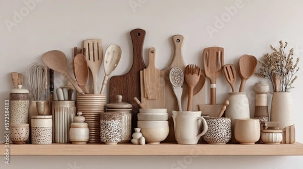 Obraz Elegant arrangement of rustic kitchenware and utensils in neutral tones on wooden shelf