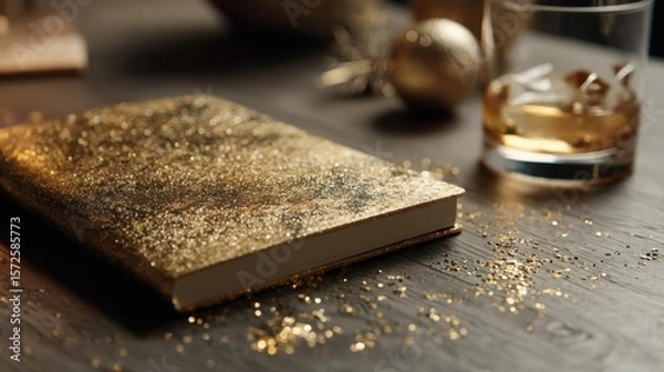 Obraz Wooden table with a book and a glass of whiskey on it. the book is open and appears to be a hardcover with a gold glittery cover. the glass is filled with whiskey and has ice cubes in it.