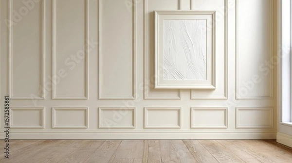 Obraz Empty room with a wooden floor and white walls. the walls are painted in a light beige color and have a paneled design with a white frame hanging on the right side.