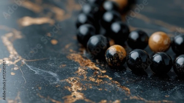 Obraz Close-up of a strand of black and brown beads on a dark, textured surface. the beads are round and smooth, with a glossy finish.