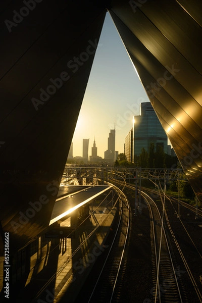 Fototapeta Urban sunrise in Warsaw, Poland. View from the train station with railway lines and modern office skyscrapers in soft morning light. Perfect for business, transport, and city themes.