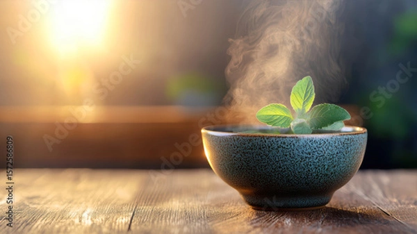 Fototapeta Fresh mint tea steaming in a cozy setting