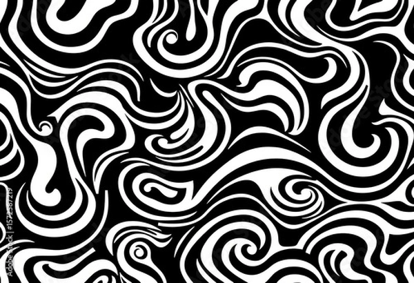 Fototapeta Abstract black and white wavy seamless vector pattern Bold curved lines, swirls, squiggles, stylish modern ornament,  geometric,  minimal