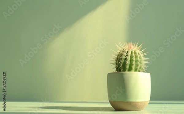 Obraz Minimalistic composition of a small cactus in a pot bathed in sunlight on green background