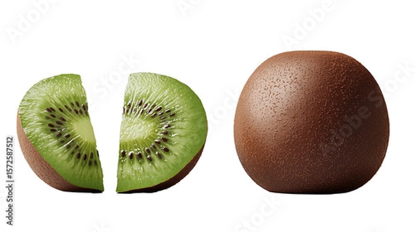 Obraz Fresh half and sliced kiwi fruit isolated on a transparent background, highlighting its natural, sweet, and healthy green tropical goodness. PNG