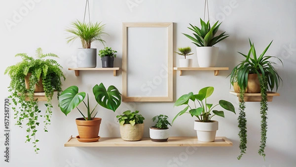Fototapeta Photo of blank canvas in a wooden frame, potted plants, empty  mock up on a wooden shelf, isolated on white background