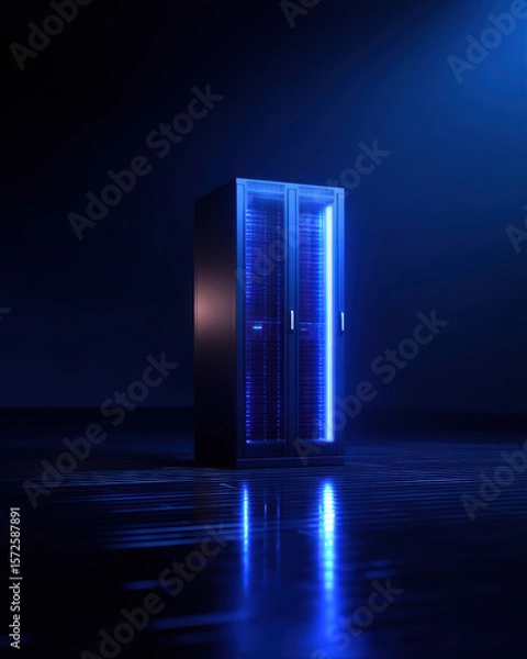Fototapeta A glowing server rack stands in a dark room