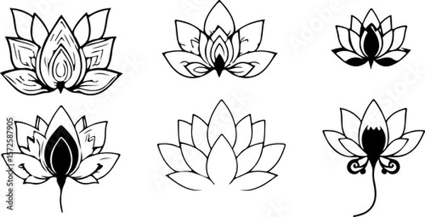 Fototapeta Water Lily Silhouette Vector Set, Water Lily Outline Vector Art, Water Lily Flower Silhouette Collection, Set of Water Lily Vector Illustrations, Botanical Water Lily Silhouette Set, Minimalist Water