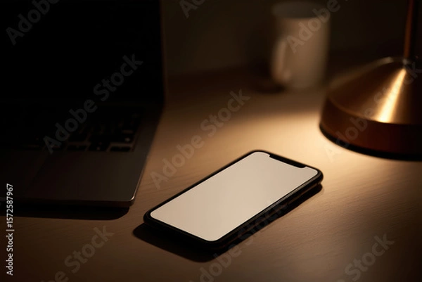 Fototapeta Smartphone on a table beside a laptop at night