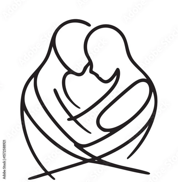 Fototapeta People embracing in continuous line art drawing style. Abstract sketch