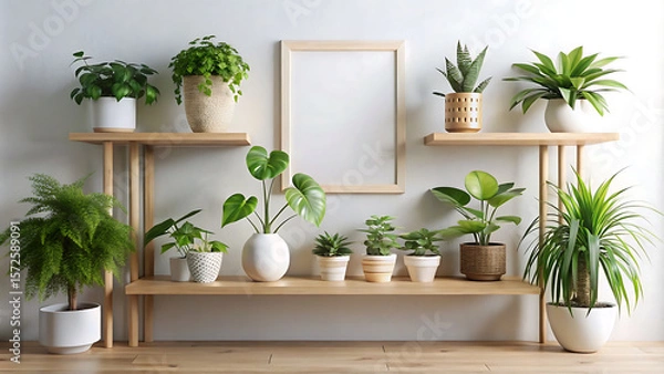 Fototapeta Photo of blank canvas in a wooden frame, potted plants, empty  mock up on a wooden shelf, isolated on white background