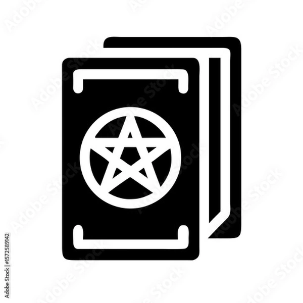Obraz Black icon of tarot cards featuring a pentacle symbol, representing the suit of pentacles, earth energy, and material aspects in divination.
