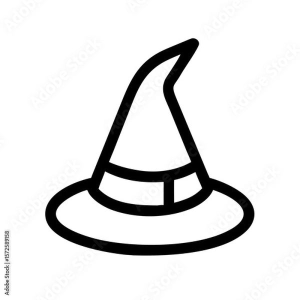 Obraz Minimal black line icon of a classic witch hat with a buckle, often used for Halloween, magic, or fantasy-themed designs.
