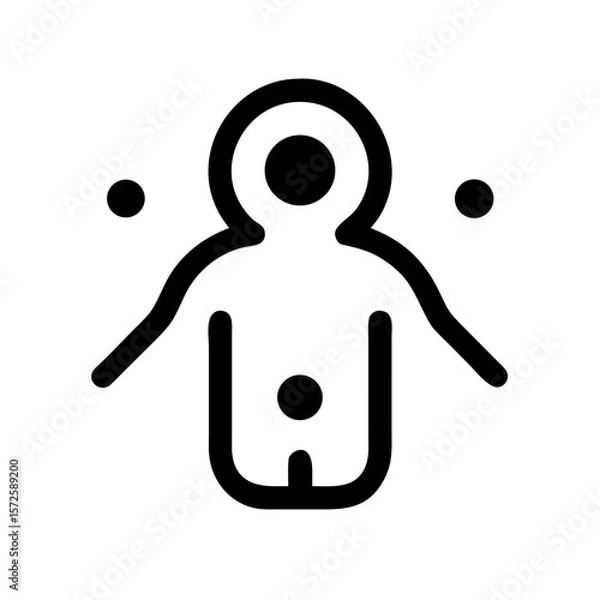 Obraz Minimal black icon of a human figure with energy centers and surrounding dots, symbolizing astral projection, spiritual energy, and metaphysical awareness.
