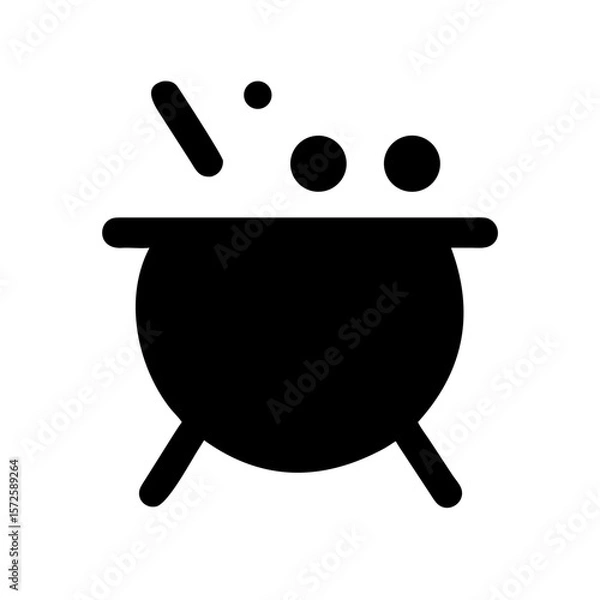 Obraz Simple black silhouette of a cauldron with rising bubbles and a stick, representing cooking, magic, Halloween, or potion themes.

