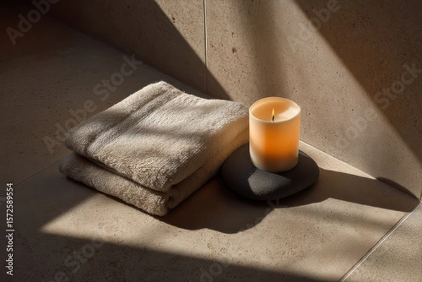 Fototapeta Relaxing bathroom setup with towel and candle