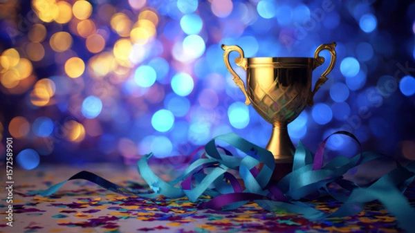 Fototapeta Trophy stands surrounded by colorful confetti