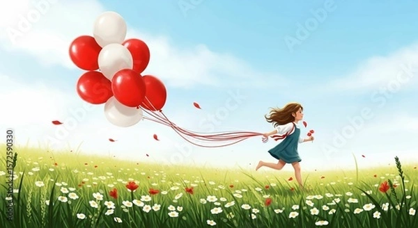 Fototapeta Freedom in Bloom — Girl Running Through Meadow with Red and White Balloons
