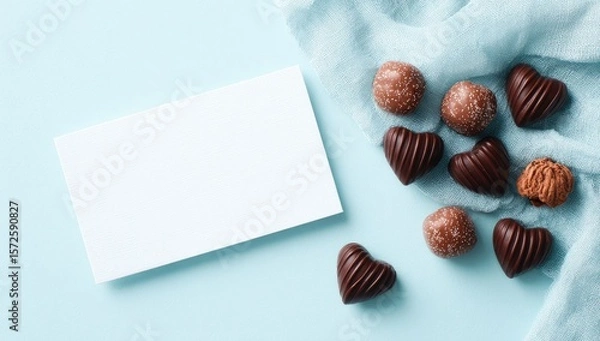 Fototapeta Blank card with assorted chocolates on light blue