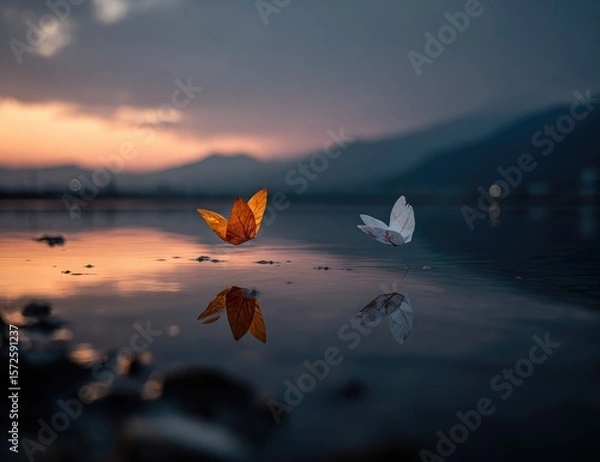 Fototapeta Two paper butterflies, orange and white, float over calm water at sunset