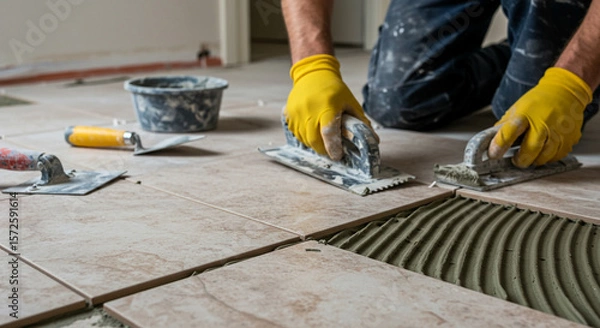 Obraz Tile Installation Process with Grouting and Tiling Tools