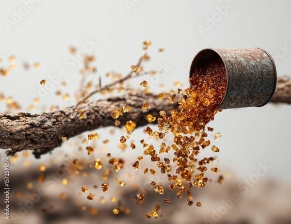 Fototapeta Rusty tin spills amber gems onto a weathered branch