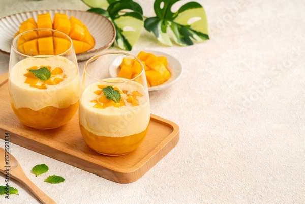 Fototapeta Mango Mousse Dessert in Glass Cups