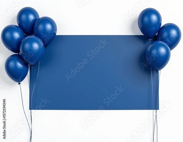 Fototapeta dark blue balloons on a blue background with a dark blue banner, place your text here, optimize for photo use, white background,4k.