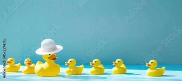 Obraz Quirky lineup of vibrant yellow rubber ducks on azure backdrop, one accessorized with summer hat