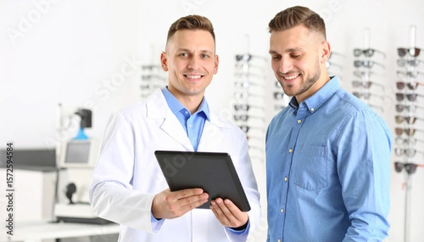 Obraz Ophthalmologist showing tablet to patient in optical store