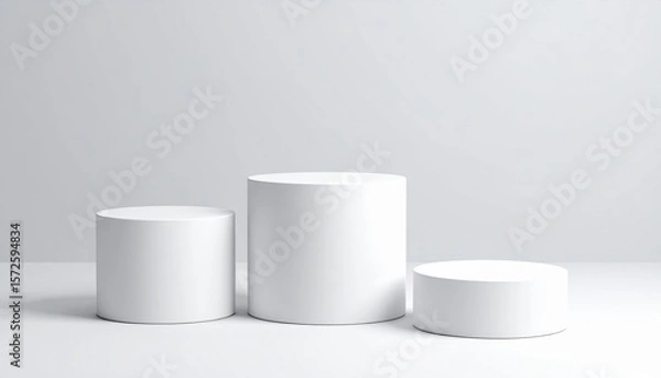 Obraz Three White Cylindrical Podiums On Light Background
