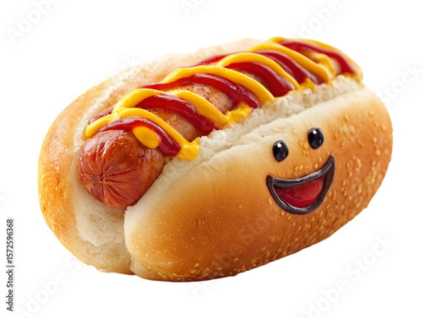 Fototapeta A delightful hotdog with ketchup and mustard smiles brightly. 
