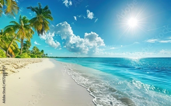 Obraz Paradise beach view with blue sky, ocean, white sand and swaying palm trees