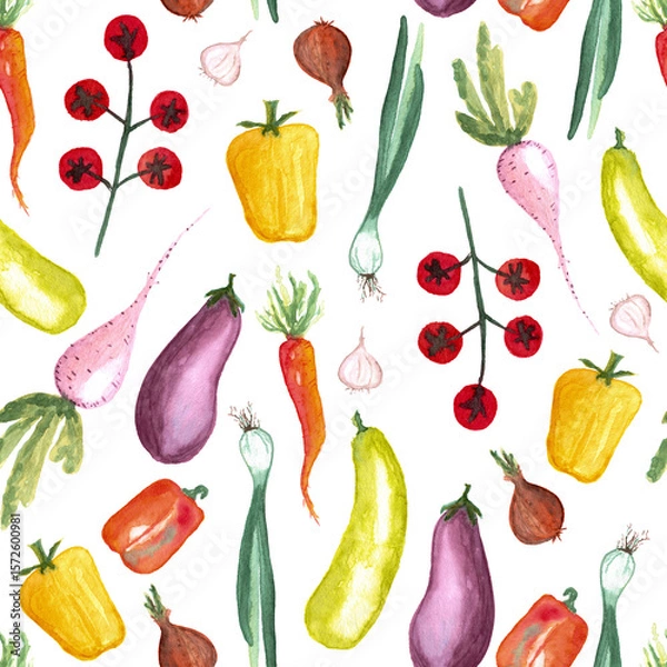 Fototapeta seamless pattern of watercolor vegetable elements on white background. Different vegetables hand painted illustration. Pepper, eggplant, beet, cherry tomatoes, garlic, carrots, onions, zucchini, basil