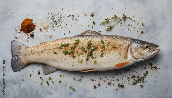 Fototapeta Fresh Trout Fillet with Spices and Herbs on Elegant Gray Background

