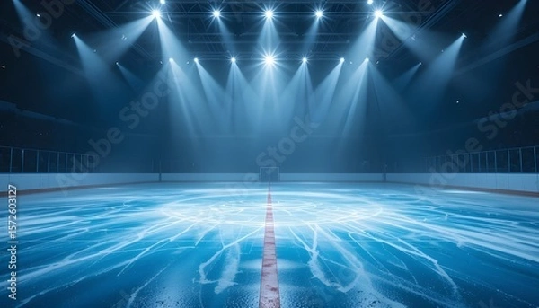 Fototapeta Empty Illuminated Ice Rink with Snow Mist Creating Dramatic Winter Sports Scene