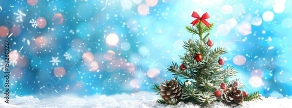 Obraz Festive christmas scene with a miniature tree adorned with ornaments and snow