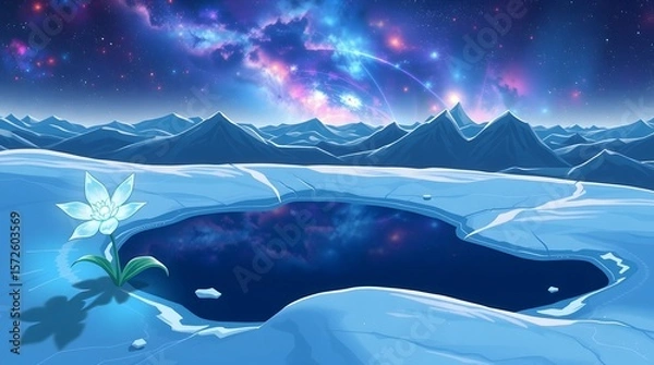 Fototapeta A pixel art scene of a single, glowing white-blue glacier flower with crystal petals, growing beside a small, frozen puddle on a mountain peak.